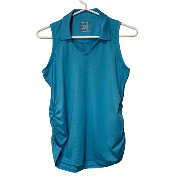 Lucky in Love Womens Small Tennis Tank Collared Teal Ruched Sides Active Pickle - Picture 1 of 6